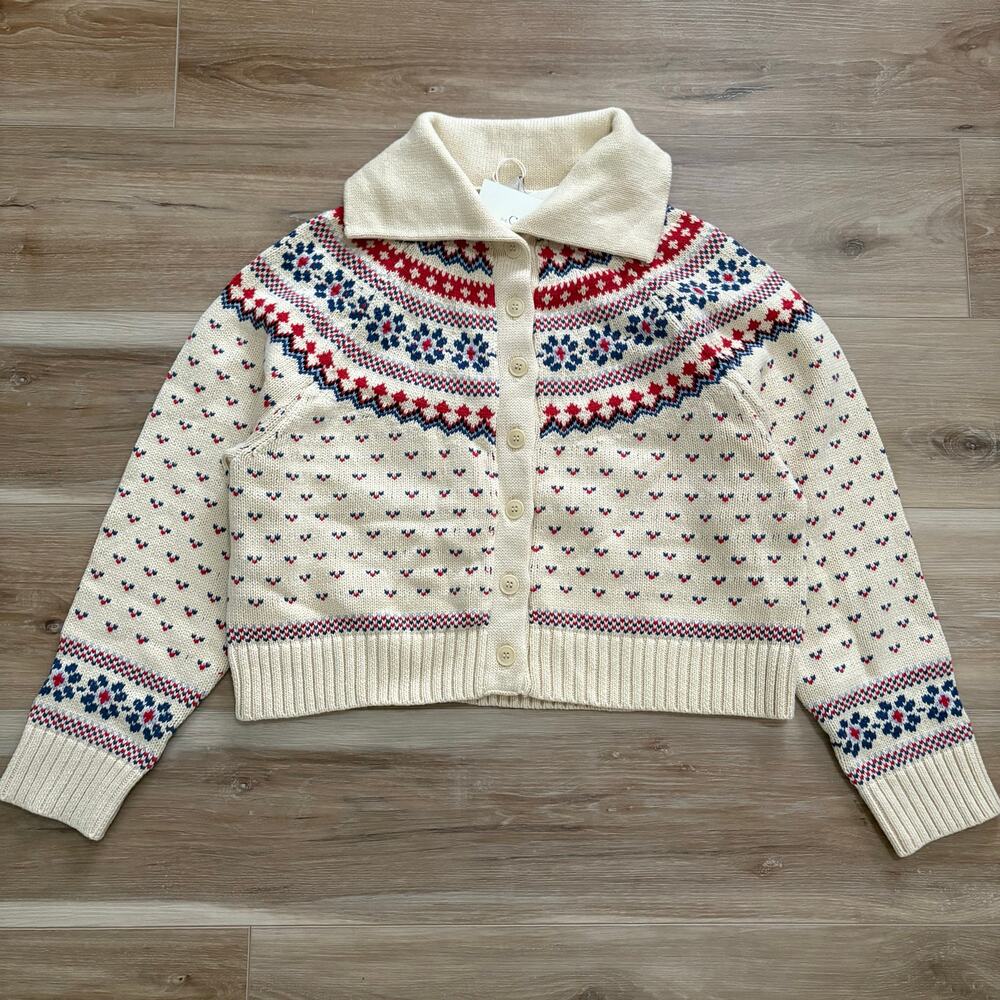 THE GREAT. Cream Fair Isle Cropped Button Cardigan with Red & Blue Accents